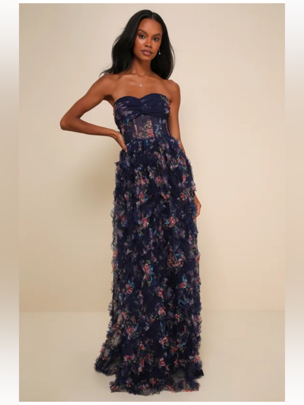 NWT Lulus Stunning Element Navy Floral Mesh Ruffled Strapless Maxi Dress